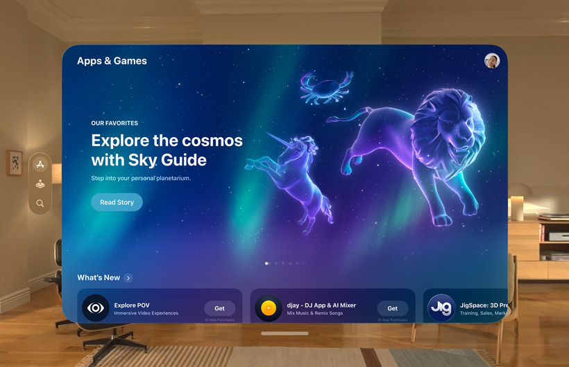 The App Store on Apple Vision Pro showing spatial apps like Sky Guide