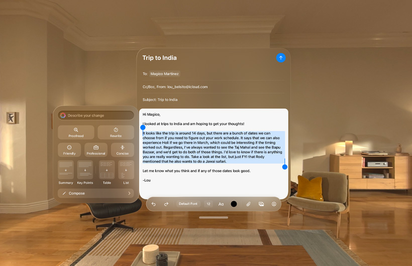 Apple Intelligence Writing Tools in Apple Vision Pro