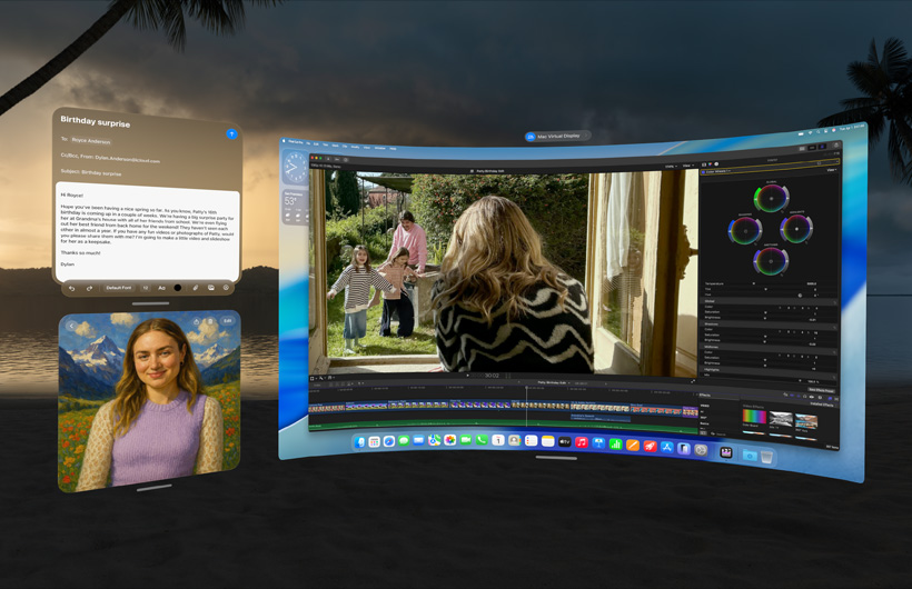 Mac Virtual Display windows showing a photo, an email, and a video timeline