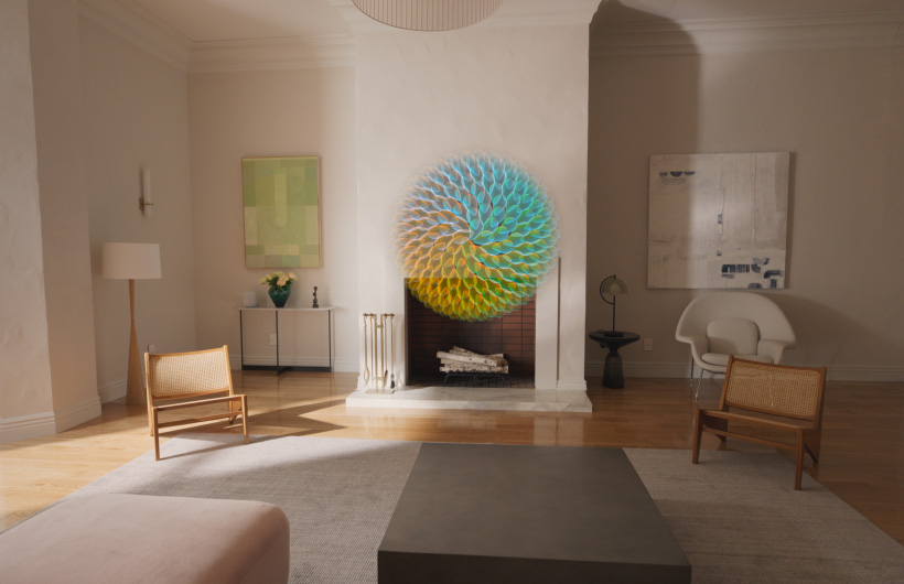 A Mindfulness app session expanded fully into the space around a person wearing Apple Vision Pro