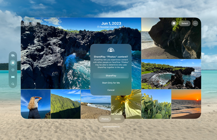 A SharePlay prompt for viewing shared photos during a FaceTime call on Apple Vision Pro